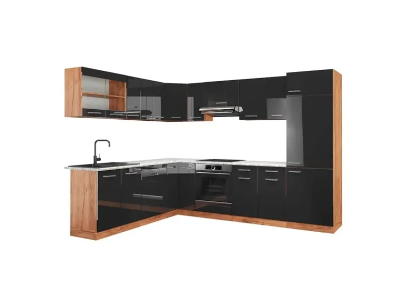 Winkelküchen<Vicco R-Line Eckküche /Goldkraft Eiche 227 x 287 cm AP Marmor ohne E-Geräte