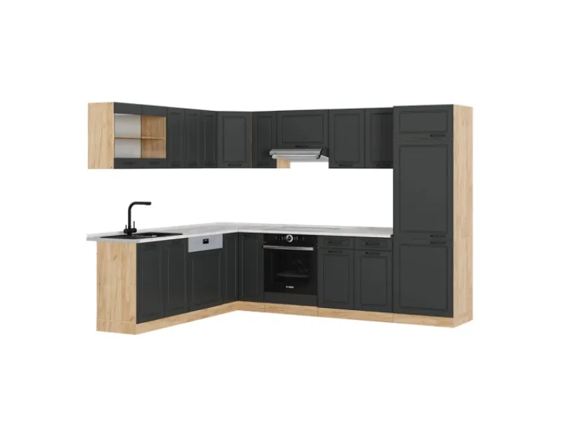 Winkelküchen<Vicco R-Line Eckküche Anthrazit Landhaus/Goldkraft Eiche 227 x 287 cm AP Marmor ohne E-Geräte