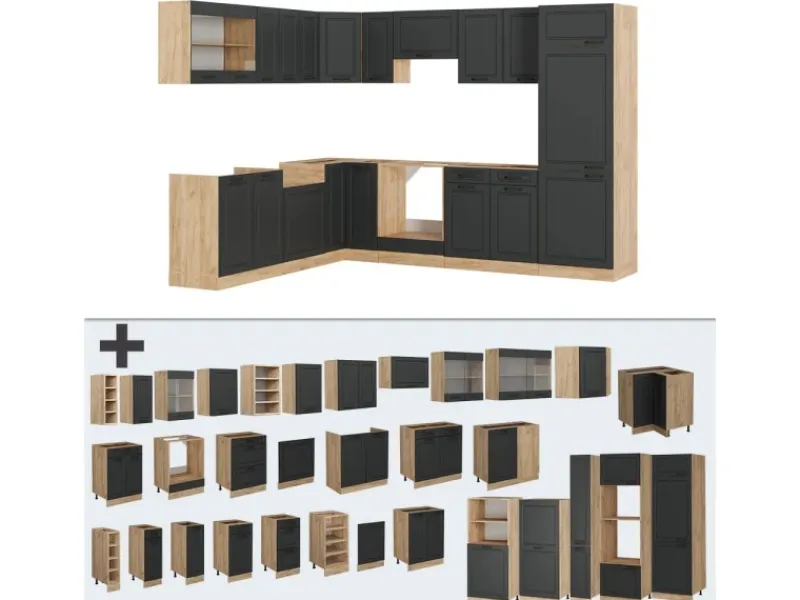 Winkelküchen<Vicco R-Line Eckküche Anthrazit Landhaus/Goldkraft Eiche 227 x 287 cm AP Marmor ohne E-Geräte