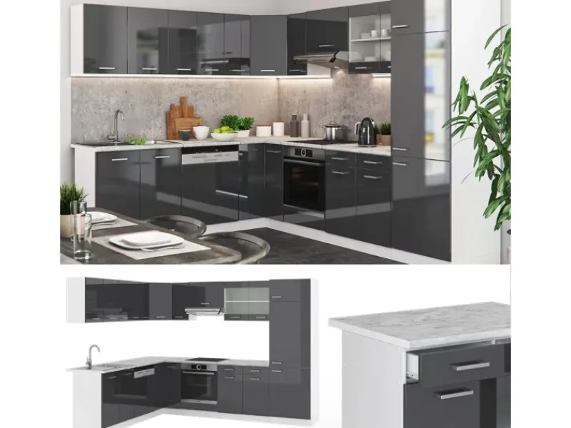 Winkelküchen|Kücheninseln<Vicco R-Line Eckküche /Weiß 227 x 287 cm AP Marmor ohne E-Geräte