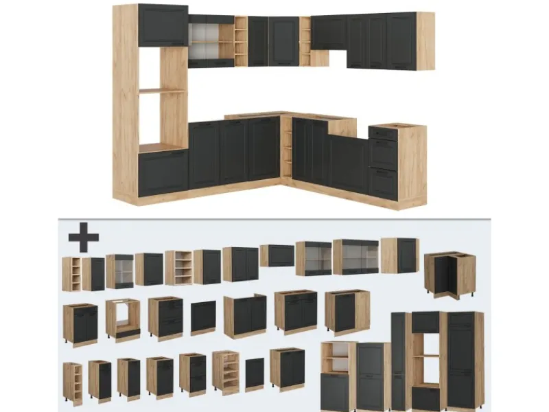 Winkelküchen<Vicco R-Line Eckküche Anthrazit Landhaus/Goldkraft Eiche 237 x 60 cm ohne Arbeitsplatte ohne E-Geräte