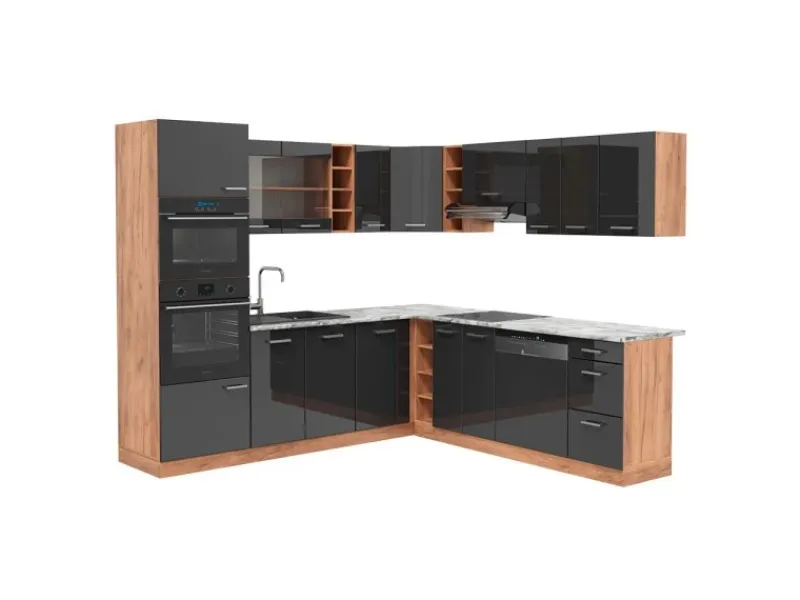 Winkelküchen|Einbauküchen<Vicco R-Line Eckküche /Goldkraft Eiche 237 x 247 cm AP Marmor ohne E-Geräte