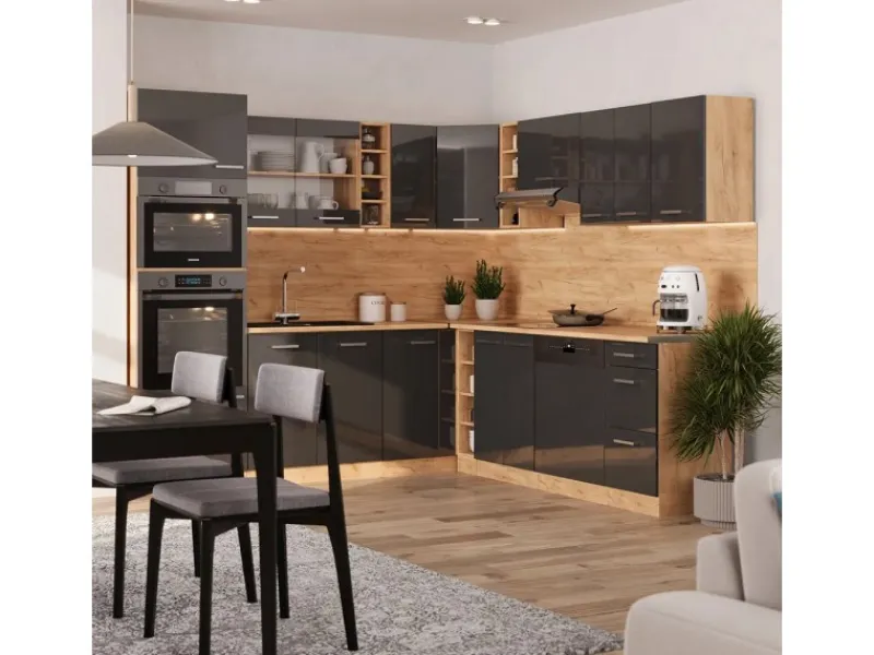 Winkelküchen|Einbauküchen<Vicco R-Line Eckküche /Goldkraft Eiche 237 x 247 cm AP Marmor ohne E-Geräte
