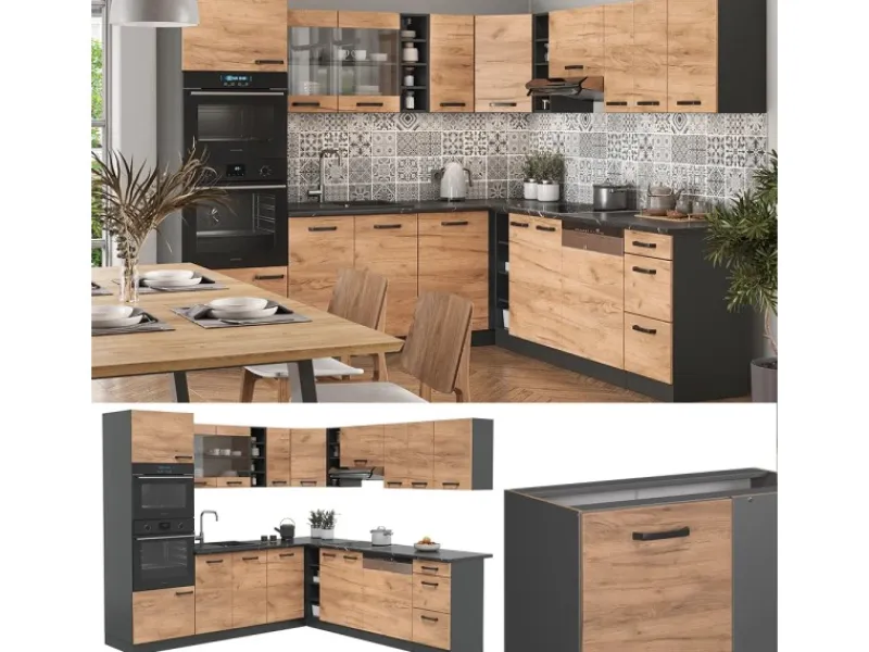 Discount Vicco R-Line Eckküche Anthrazit/Goldkraft 237 x 247 cm AP ohne E-Geräte Eiche