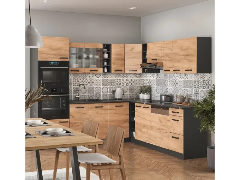 Discount Vicco R-Line Eckküche Anthrazit/Goldkraft 237 x 247 cm AP ohne E-Geräte Eiche