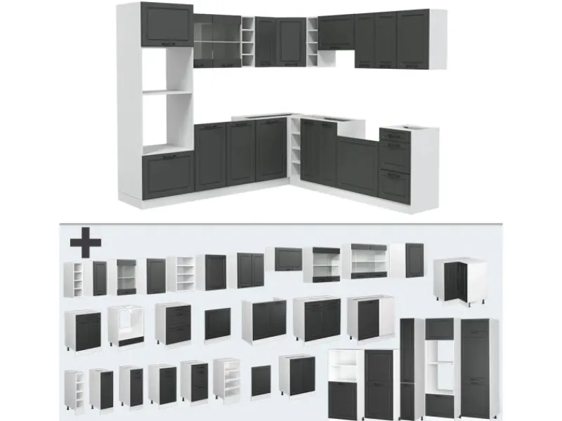 Küchenregale|Winkelküchen<Vicco R-Line Eckküche Anthrazit Landhaus/Weiß 237 x 60 cm ohne Arbeitsplatte ohne E-Geräte