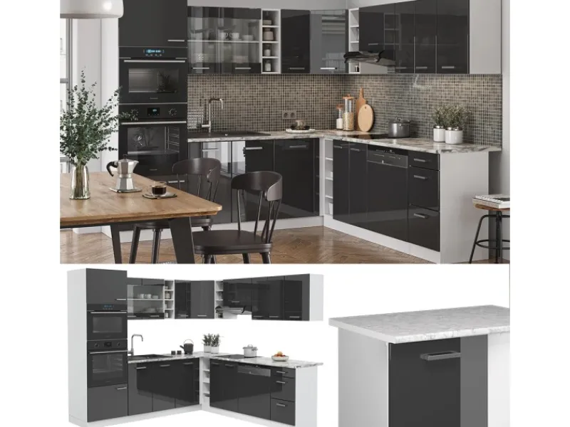 Winkelküchen|Küchenrückwände<Vicco R-Line Eckküche /Weiß 237 x 247 cm AP Anthrazit ohne E-Geräte