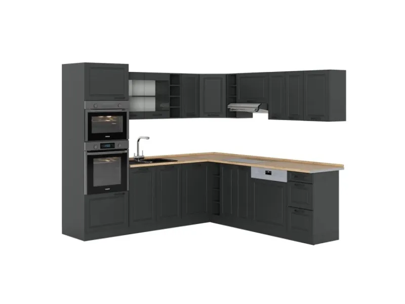 Clearance Vicco R-Line Eckküche Landhaus/ 237 x 247 cm AP Eiche ohne E-Geräte Anthrazit
