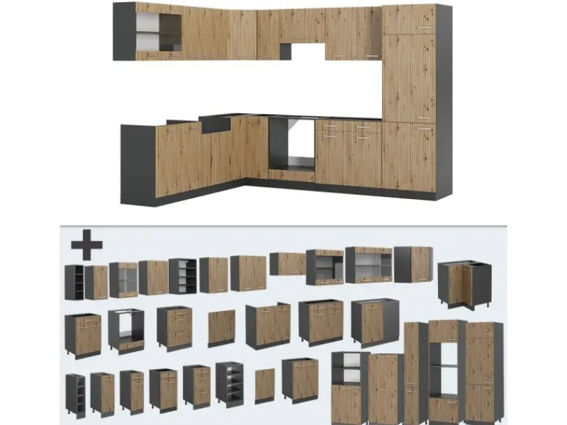 Vicco R-Line Eckküche Artisan Eiche/Anthrazit 227 x 287 cm AP Eiche ohne E-Geräte< Winkelküchen