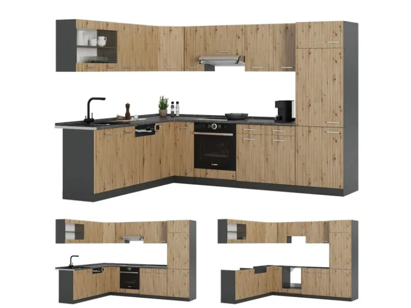 Winkelküchen<Vicco R-Line Eckküche Artisan Eiche/Anthrazit 227 x 287 cm ohne Arbeitsplatte ohne E-Geräte