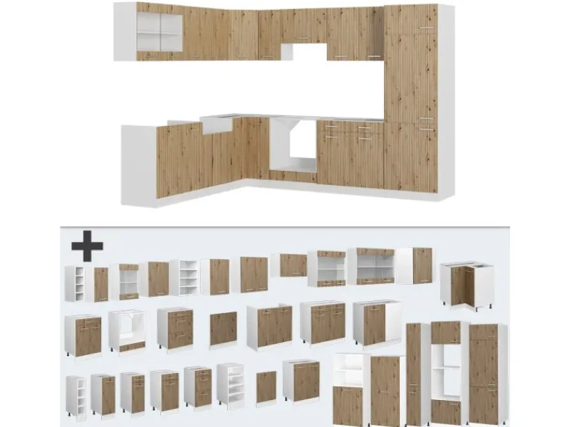 New Vicco R-Line Eckküche /Weiß 227 x 287 cm ohne Arbeitsplatte ohne E-Geräte Artisan Eiche