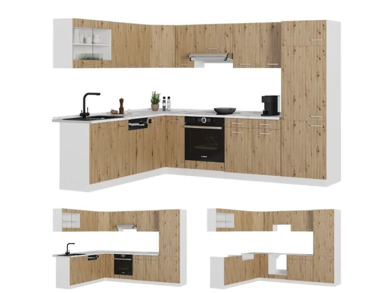 New Vicco R-Line Eckküche /Weiß 227 x 287 cm ohne Arbeitsplatte ohne E-Geräte Artisan Eiche