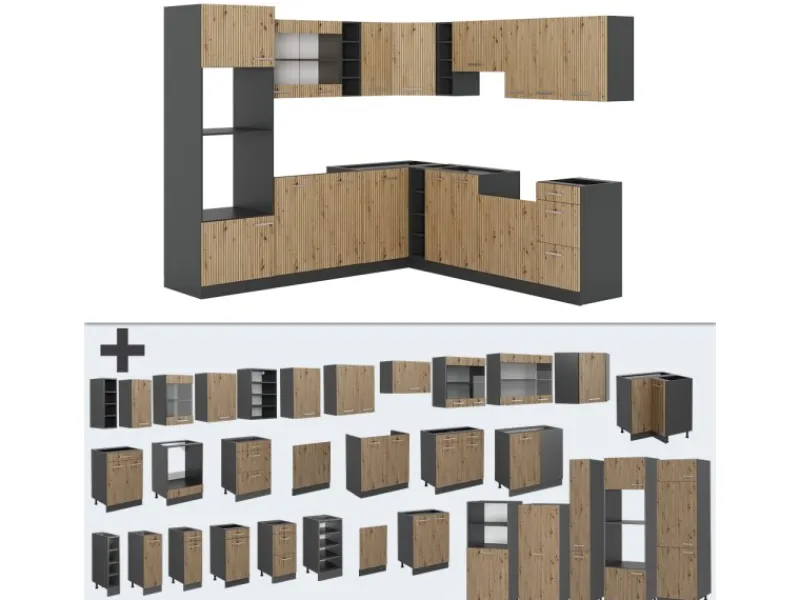 Discount Vicco R-Line Eckküche Artisan Eiche/Anthrazit 237 x 247 cm ohne Arbeitsplatte ohne E-Geräte Eiche Hell