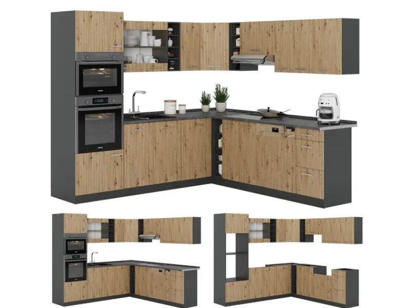 Discount Vicco R-Line Eckküche Artisan Eiche/Anthrazit 237 x 247 cm ohne Arbeitsplatte ohne E-Geräte Eiche Hell