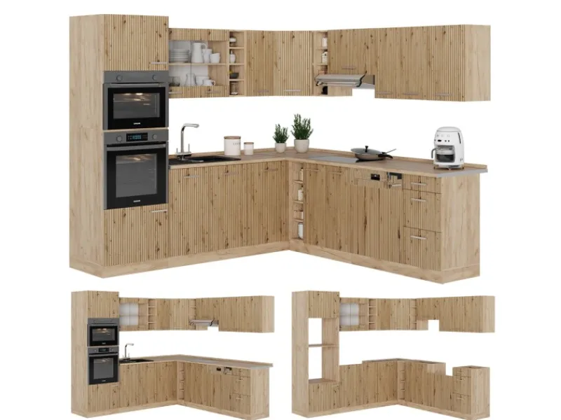 Winkelküchen<Vicco R-Line Eckküche Artisan-Eiche/Goldkraft Eiche 237 x 247 cm ohne Arbeitsplatte ohne E-Geräte