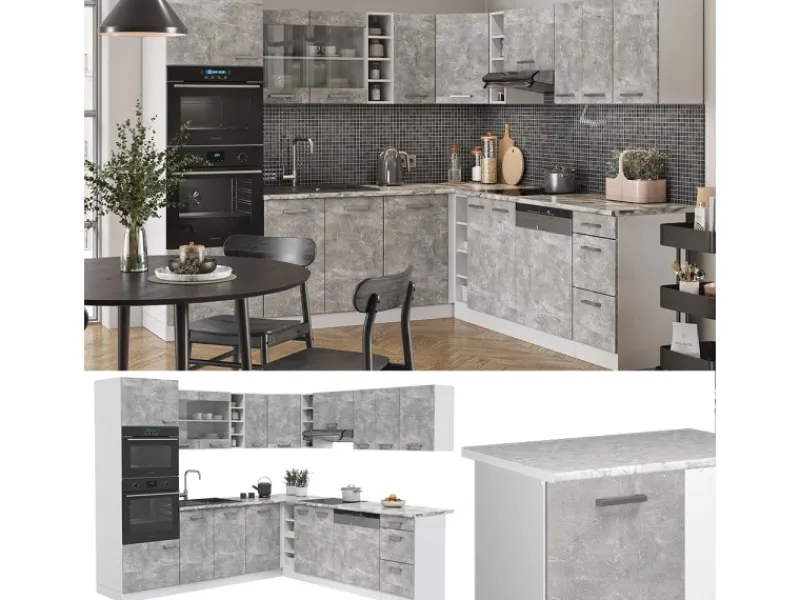 Vicco R-Line Eckküche Beton/Weiß 237 x 247 cm AP Eiche ohne E-Geräte< Winkelküchen|Kücheninseln