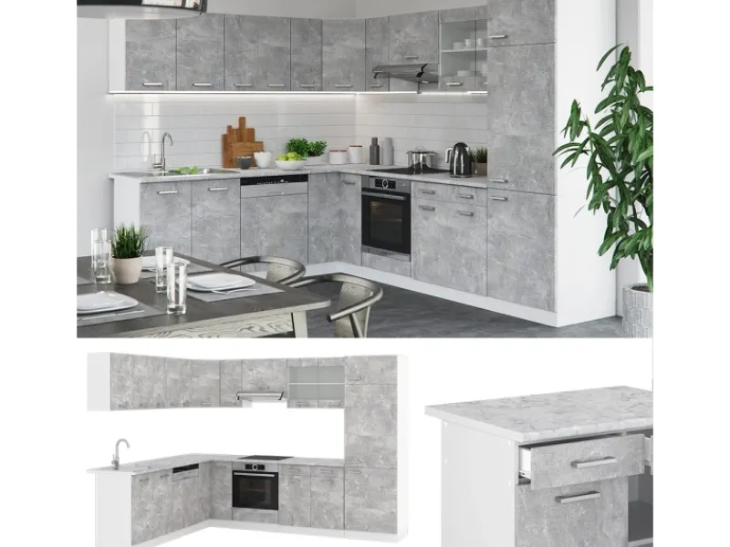 Einbauküchen|Winkelküchen<Vicco R-Line Eckküche Beton/Weiß 227 x 287 cm AP Eiche ohne E-Geräte