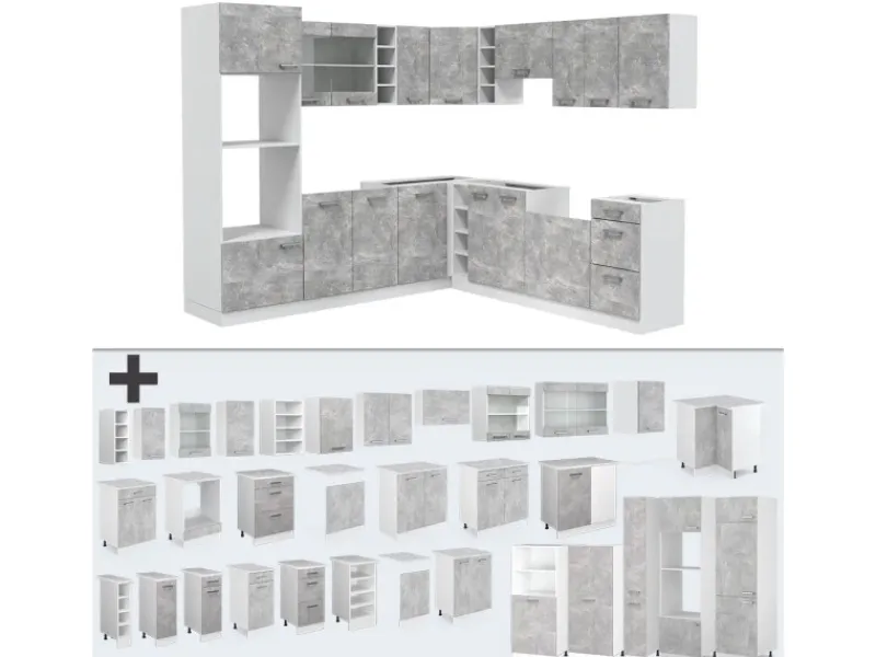 Outlet Vicco R-Line Eckküche Beton/Weiß 237 x 60 cm ohne Arbeitsplatte ohne E-Geräte Betongrau