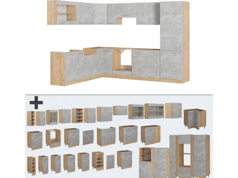 Outlet Vicco R-Line Eckküche /Goldkraft Eiche 227 x 287 cm ohne Arbeitsplatte ohne E-Geräte Beton