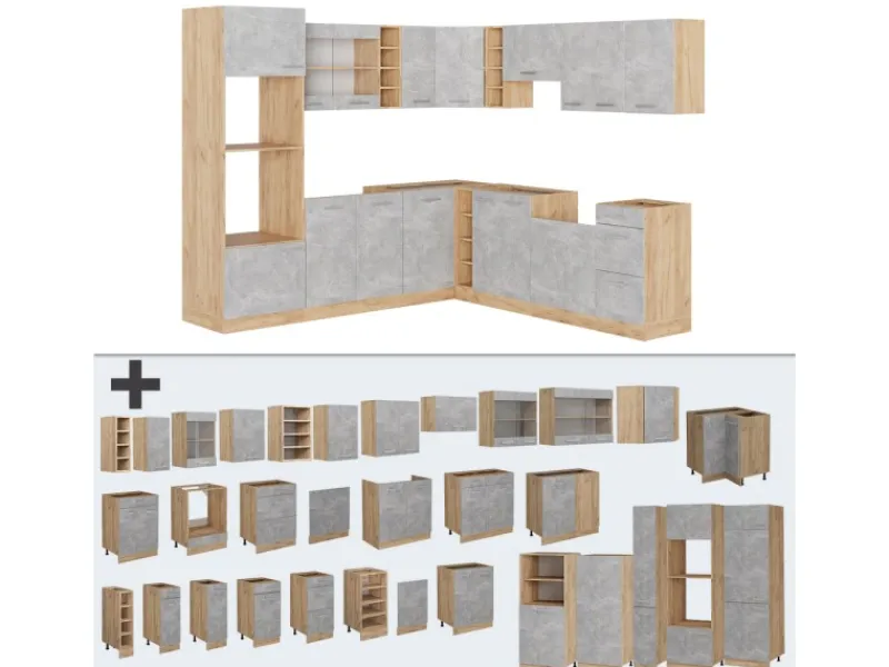 Outlet Vicco R-Line Eckküche /Goldkraft Eiche 237 x 60 cm ohne Arbeitsplatte ohne E-Geräte Beton