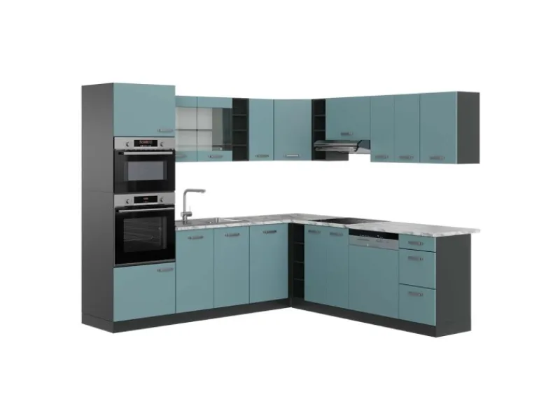 Vicco R-Line Eckküche Blau-Grau/Anthrazit 237 x 247 cm AP Marmor ohne E-Geräte< Winkelküchen|Kücheninseln