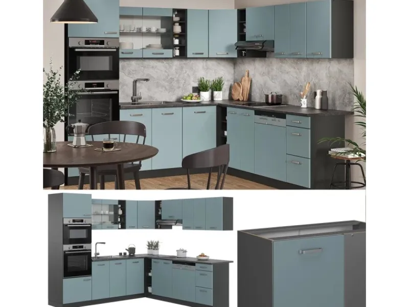 Vicco R-Line Eckküche Blau-Grau/Anthrazit 237 x 247 cm AP Marmor ohne E-Geräte< Winkelküchen|Kücheninseln
