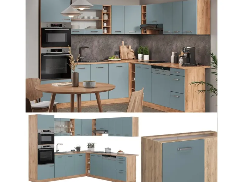 Vicco R-Line Eckküche Blau-Grau/Goldkraft Eiche 237 x 247 cm AP Anthrazit ohne E-Geräte< Winkelküchen|Küchenrückwände