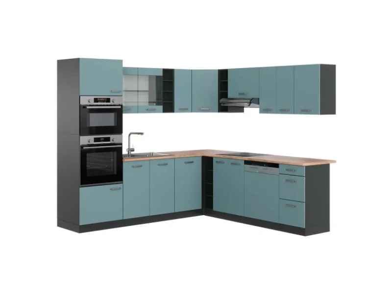 Vicco R-Line Eckküche Blau-Grau/Anthrazit 237 x 247 cm AP Eiche ohne E-Geräte< Kücheninseln|Einbauküchen