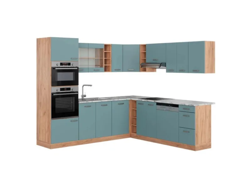 Winkelküchen<Vicco R-Line Eckküche Blau-Grau/Goldkraft Eiche 237 x 247 cm AP Marmor ohne E-Geräte