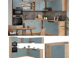 Winkelküchen<Vicco R-Line Eckküche Blau-Grau/Goldkraft Eiche 237 x 247 cm AP Marmor ohne E-Geräte