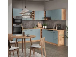 Winkelküchen<Vicco R-Line Eckküche Blau-Grau/Goldkraft Eiche 237 x 247 cm AP Marmor ohne E-Geräte