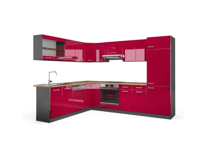 Vicco R-Line Eckküche Bordeaux Hochglanz/Anthrazit 227 x 287 cm AP Eiche ohne E-Geräte< Winkelküchen