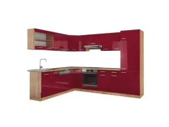 Online Vicco R-Line Eckküche Bordeaux Hochglanz/Goldkraft Eiche 227 x 287 cm AP Eiche ohne E-Geräte Bordeaux-Glanz