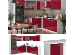 Clearance Vicco R-Line Eckküche Bordeaux Hochglanz/Weiß 237 x 247 cm AP Eiche ohne E-Geräte Brilliant Bordeaux