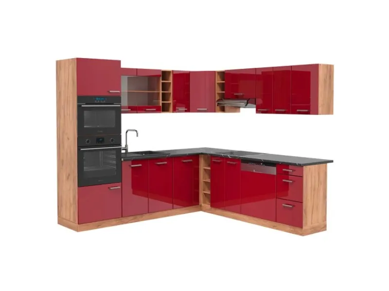 Vicco R-Line Eckküche Bordeaux Hochglanz/Goldkraft Eiche 237 x 247 cm AP Anthrazit ohne E-Geräte< Küchenregale|Winkelküchen