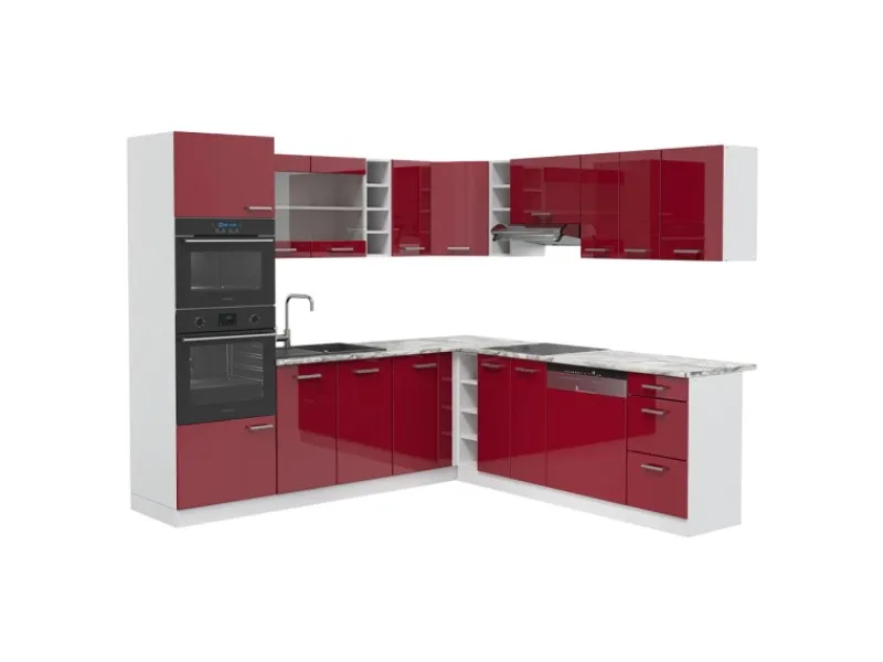 Vicco R-Line Eckküche Bordeaux Hochglanz/Weiß 237 x 60 cm AP Marmor ohne E-Geräte< Winkelküchen