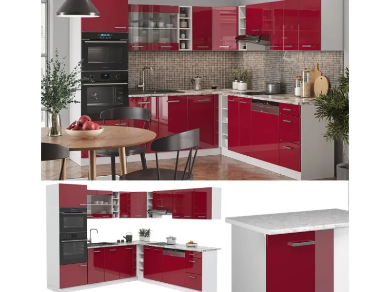 Vicco R-Line Eckküche Bordeaux Hochglanz/Weiß 237 x 60 cm AP Marmor ohne E-Geräte< Winkelküchen