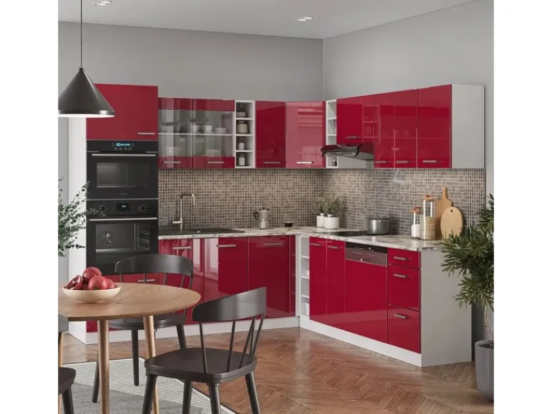Vicco R-Line Eckküche Bordeaux Hochglanz/Weiß 237 x 60 cm AP Marmor ohne E-Geräte< Winkelküchen