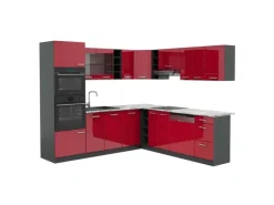 Winkelküchen<Vicco R-Line Eckküche Bordeaux Hochglanz/Anthrazit 237 x 247 cm AP Marmor ohne E-Geräte