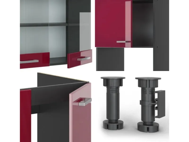 Winkelküchen<Vicco R-Line Eckküche Bordeaux Hochglanz/Anthrazit 237 x 247 cm AP Marmor ohne E-Geräte