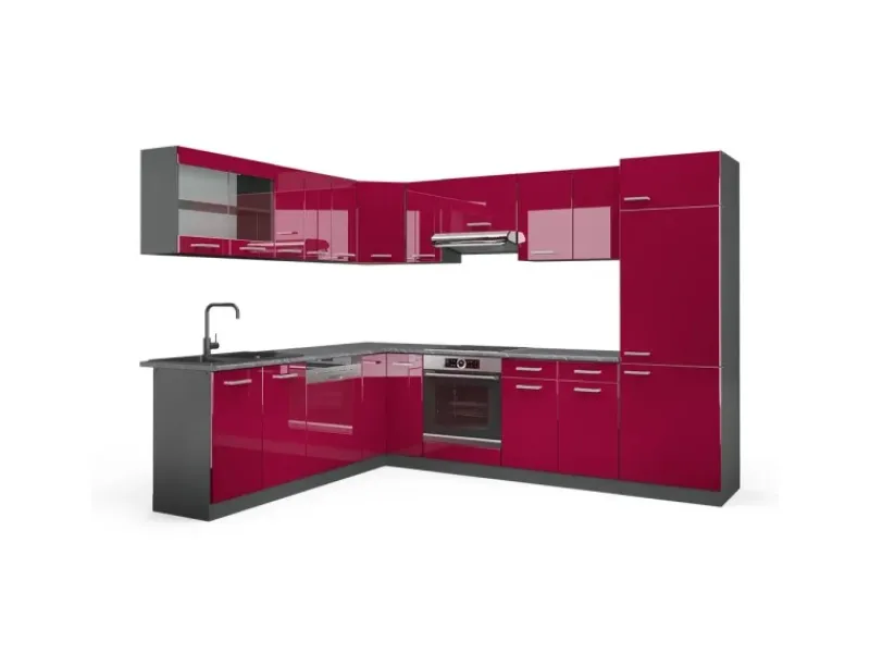 Vicco R-Line Eckküche Bordeaux Hochglanz/Anthrazit 227 x 287 cm ohne Arbeitsplatte ohne E-Geräte< Winkelküchen