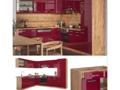 Vicco R-Line Eckküche Bordeaux Hochglanz/Goldkraft Eiche 227 x 287 cm AP Anthrazit ohne E-Geräte< Winkelküchen