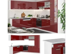 Winkelküchen|Küchenschränke<Vicco R-Line Eckküche Bordeaux Hochglanz/Weiß 227 x 287 cm AP Eiche ohne E-Geräte