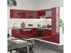 Winkelküchen|Küchenschränke<Vicco R-Line Eckküche Bordeaux Hochglanz/Weiß 227 x 287 cm AP Eiche ohne E-Geräte