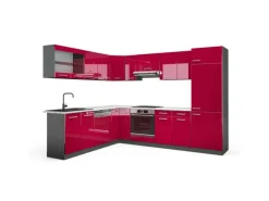 Winkelküchen<Vicco R-Line Eckküche Bordeaux Hochglanz/Anthrazit 227 x 287 cm AP Marmor ohne E-Geräte