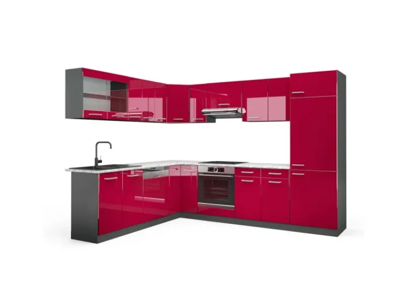 Winkelküchen<Vicco R-Line Eckküche Bordeaux Hochglanz/Anthrazit 227 x 287 cm AP Marmor ohne E-Geräte