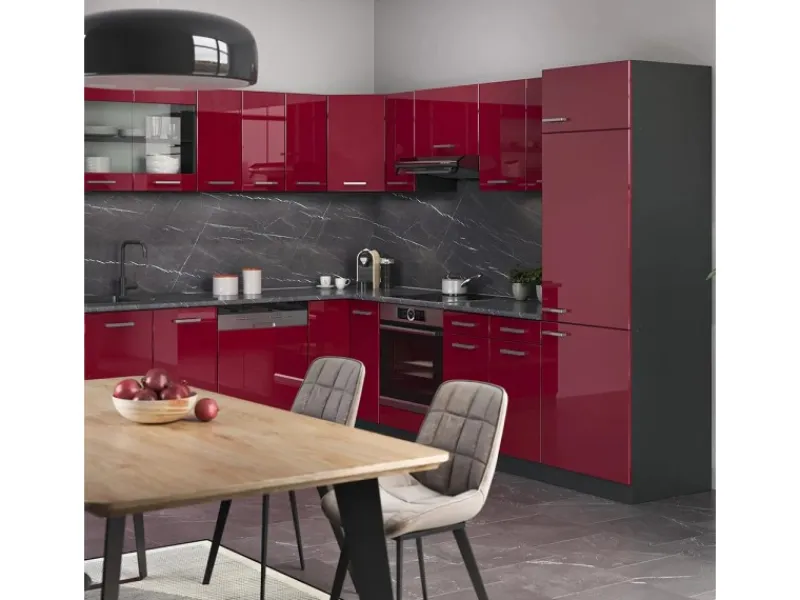 Winkelküchen<Vicco R-Line Eckküche Bordeaux Hochglanz/Anthrazit 227 x 287 cm AP Marmor ohne E-Geräte