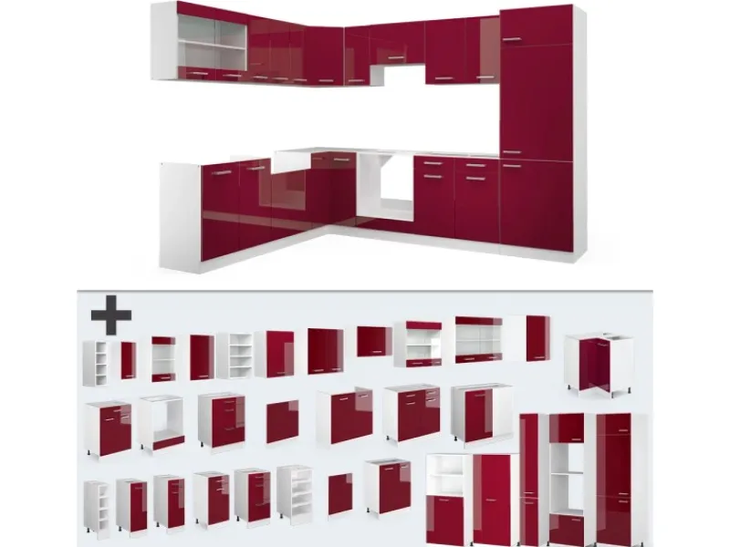 Vicco R-Line Eckküche Bordeaux Hochglanz/Weiß 227 x 287 cm ohne Arbeitsplatte ohne E-Geräte Brilliant Bordeaux
