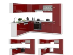 Vicco R-Line Eckküche Bordeaux Hochglanz/Weiß 227 x 287 cm ohne Arbeitsplatte ohne E-Geräte Brilliant Bordeaux