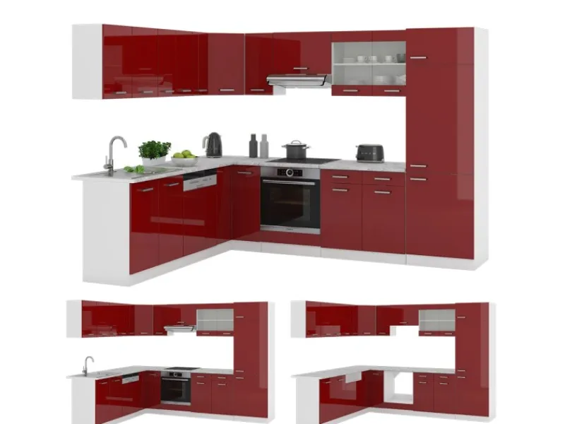 Vicco R-Line Eckküche Bordeaux Hochglanz/Weiß 227 x 287 cm ohne Arbeitsplatte ohne E-Geräte Brilliant Bordeaux